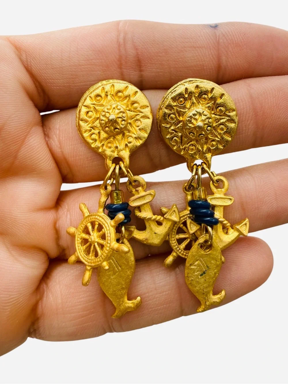 Vintage Artisan Navy Blue and Gold Nautical Charm Necklace w/ Matching Earrings